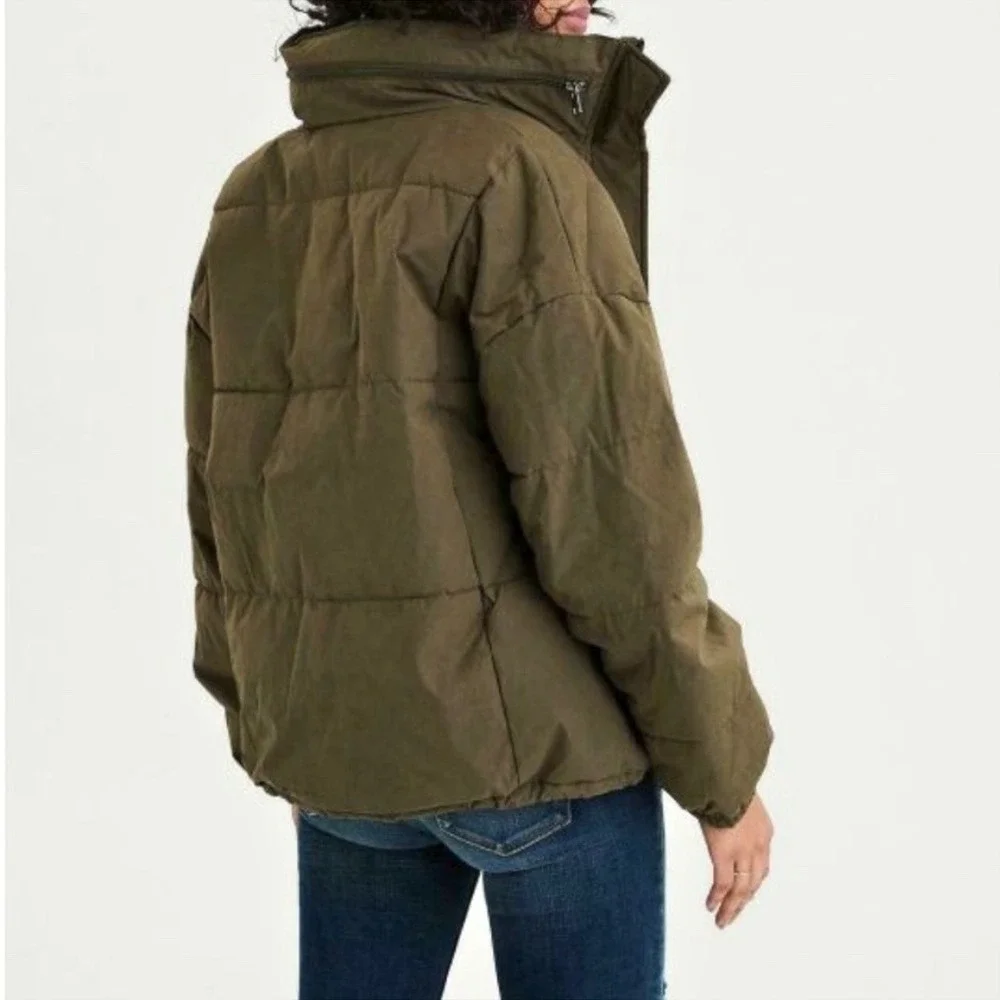 American Eagle Puffer Jacket Womens Medium M Army Green Insulated Roll Up‎ Hood - Picture 2 of 8